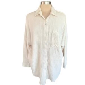 American Eagle Cotton Gauze Button Down Shirt Women MED Oversized Beachy Casual